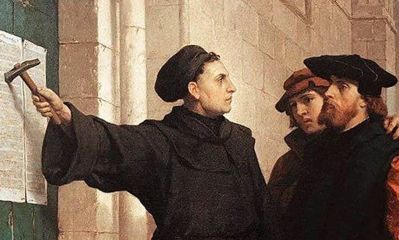 Lutero clavando las 95 tesis en la puerta de la iglesia de Todos los Santos, de Wittenberg