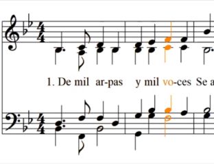 Partitura del himno: De mil arpas y mil voces